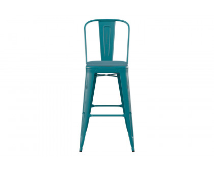 BLNK Carly Commercial Metal Indoor-Outdoor Bar Stool with Back with Poly Resin Wood Seat - Kelly Blue-Teal/Teal Blue