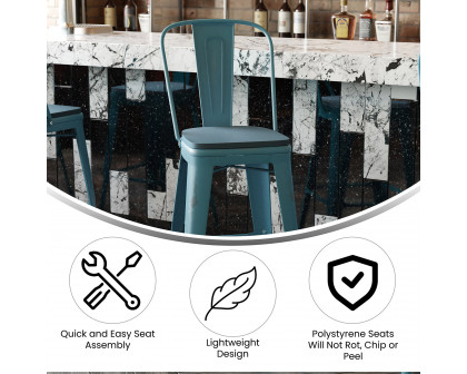 BLNK Carly Commercial Metal Indoor-Outdoor Bar Stool with Back with Poly Resin Wood Seat - Kelly Blue-Teal/Teal Blue