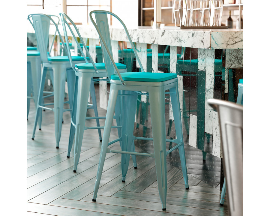 BLNK Carly Commercial Metal Indoor-Outdoor Bar Stool with Back with Poly Resin Wood Seat - Mint Green