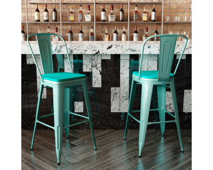 BLNK Carly Commercial Metal Indoor-Outdoor Bar Stool with Back with Poly Resin Wood Seat - Mint Green