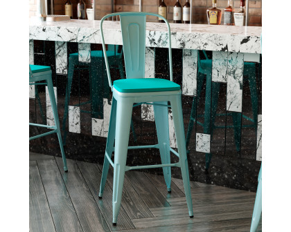 BLNK Carly Commercial Metal Indoor-Outdoor Bar Stool with Back with Poly Resin Wood Seat - Mint Green