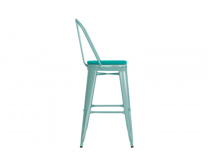 BLNK Carly Commercial Metal Indoor-Outdoor Bar Stool with Back with Poly Resin Wood Seat - Mint Green