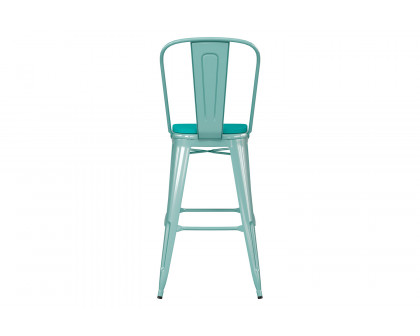 BLNK Carly Commercial Metal Indoor-Outdoor Bar Stool with Back with Poly Resin Wood Seat - Mint Green