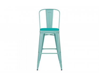 BLNK Carly Commercial Metal Indoor-Outdoor Bar Stool with Back with Poly Resin Wood Seat - Mint Green