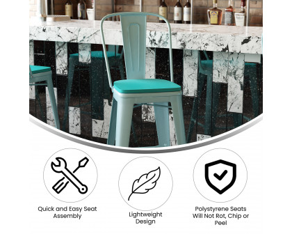 BLNK Carly Commercial Metal Indoor-Outdoor Bar Stool with Back with Poly Resin Wood Seat - Mint Green