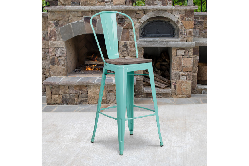 BLNK™ Cindy Metal Bar Stool with Back and Wood Seat - Mint Green