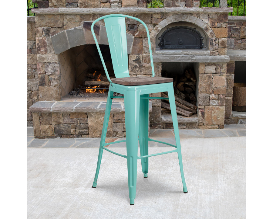 BLNK Cindy Metal Bar Stool with Back and Wood Seat - Mint Green