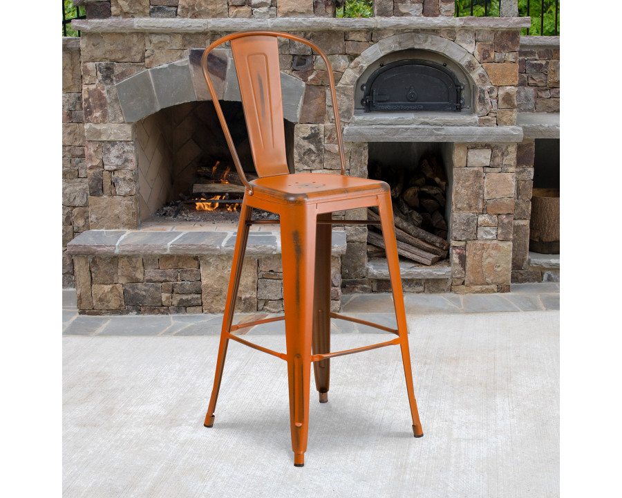 BLNK Cindy Commercial Metal Distressed Indoor-Outdoor Bar Stool with Back - Orange