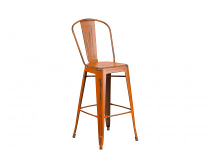 BLNK™ Cindy Commercial Metal Distressed Indoor-Outdoor Bar Stool with Back - Orange