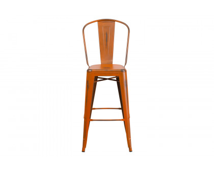 BLNK™ Cindy Commercial Metal Distressed Indoor-Outdoor Bar Stool with Back - Orange