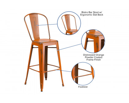 BLNK™ Cindy Commercial Metal Distressed Indoor-Outdoor Bar Stool with Back - Orange