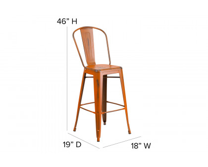 BLNK™ Cindy Commercial Metal Distressed Indoor-Outdoor Bar Stool with Back - Orange