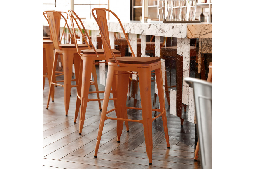 BLNK™ Carly Commercial Metal Indoor-Outdoor Bar Stool with Back with Poly Resin Wood Seat - Orange/Teak