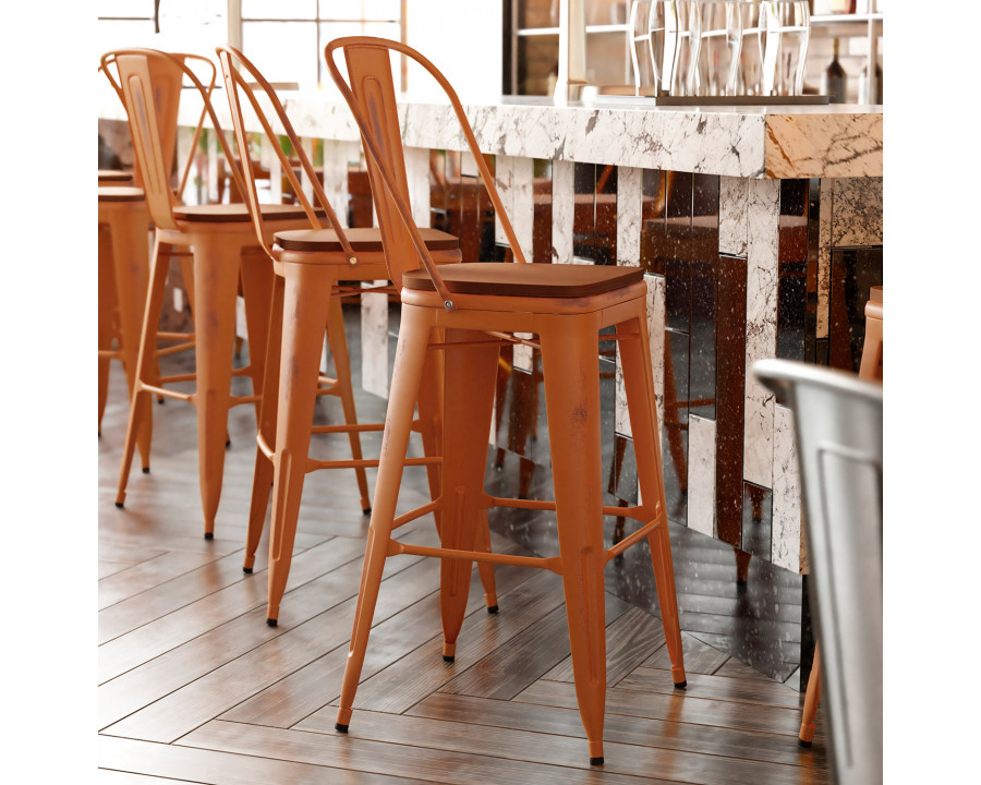 BLNK Carly Commercial Metal Indoor-Outdoor Bar Stool with Back with Poly Resin Wood Seat - Orange/Teak