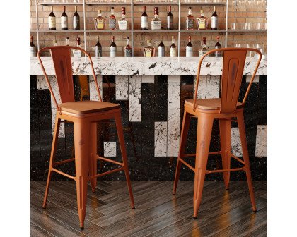 BLNK™ Carly Commercial Metal Indoor-Outdoor Bar Stool with Back with Poly Resin Wood Seat - Orange/Teak