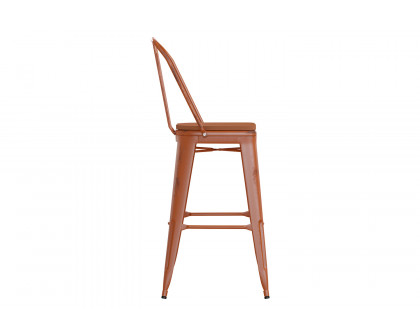 BLNK™ Carly Commercial Metal Indoor-Outdoor Bar Stool with Back with Poly Resin Wood Seat - Orange/Teak