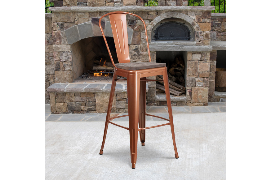 BLNK™ Cindy Metal Bar Stool with Back and Wood Seat - Copper