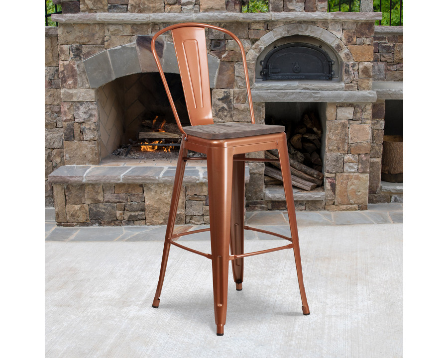 BLNK Cindy Metal Bar Stool with Back and Wood Seat