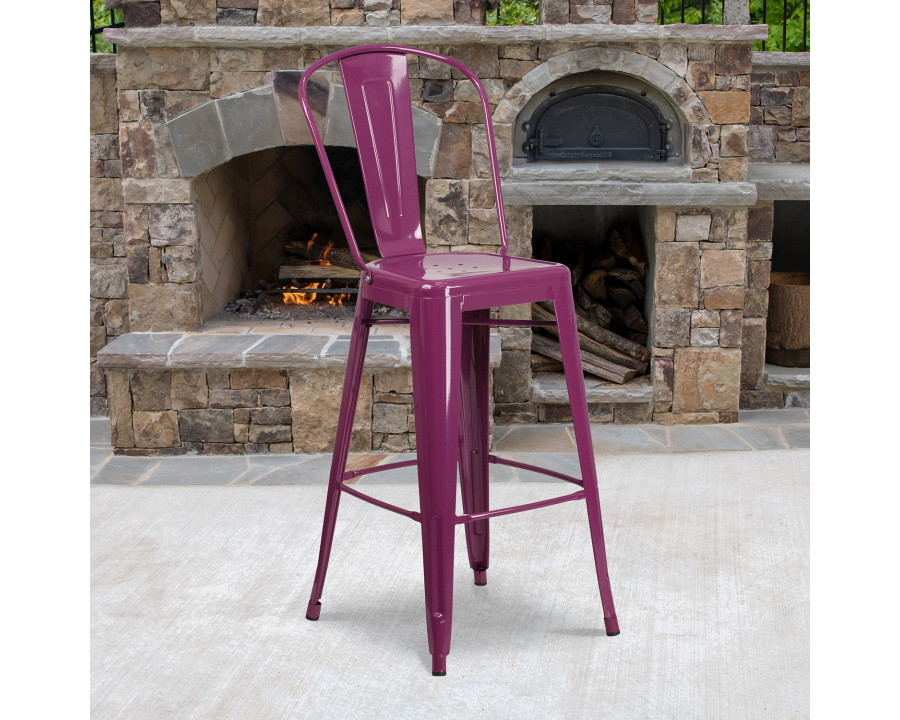 BLNK Cindy Commercial Metal Indoor-Outdoor Bar Stool with Back - Purple