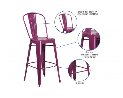 BLNK Cindy Commercial Metal Indoor-Outdoor Bar Stool with Back - Purple