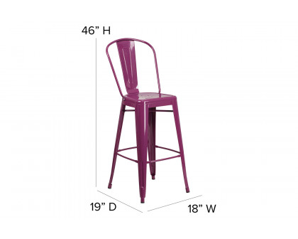 BLNK Cindy Commercial Metal Indoor-Outdoor Bar Stool with Back - Purple