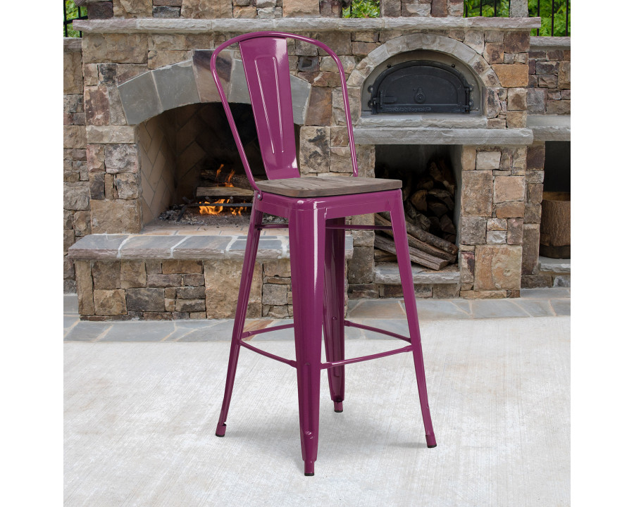 BLNK Cindy Metal Bar Stool with Back and Wood Seat - Purple