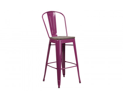 BLNK Cindy Metal Bar Stool with Back and Wood Seat - Purple