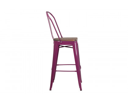 BLNK Cindy Metal Bar Stool with Back and Wood Seat - Purple