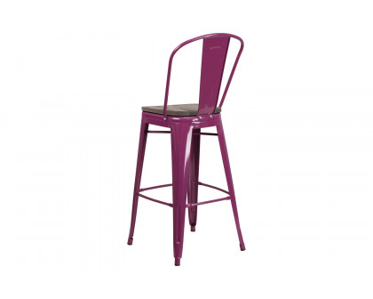 BLNK Cindy Metal Bar Stool with Back and Wood Seat - Purple