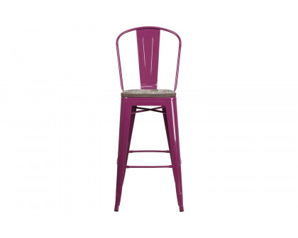 BLNK Cindy Metal Bar Stool with Back and Wood Seat - Purple