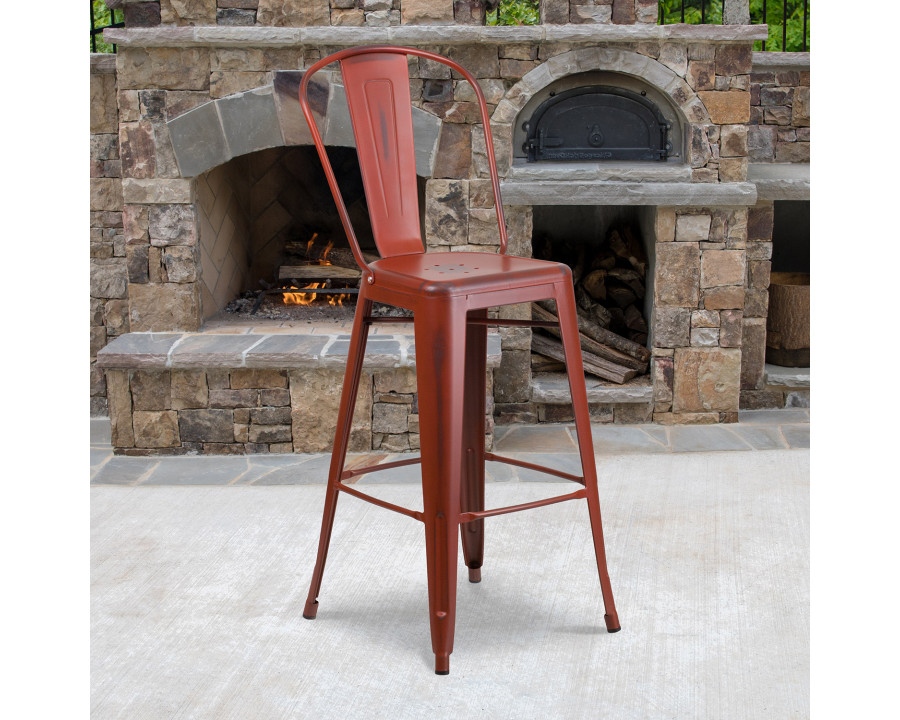 BLNK Cindy Commercial Metal Distressed Indoor-Outdoor Bar Stool with Back - Kelly Red