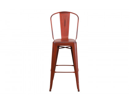 BLNK Cindy Commercial Metal Distressed Indoor-Outdoor Bar Stool with Back - Kelly Red