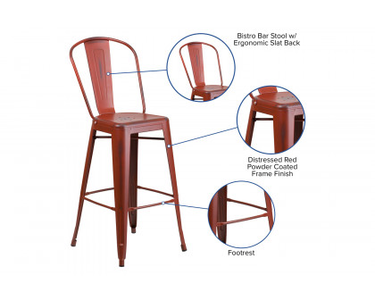 BLNK Cindy Commercial Metal Distressed Indoor-Outdoor Bar Stool with Back - Kelly Red