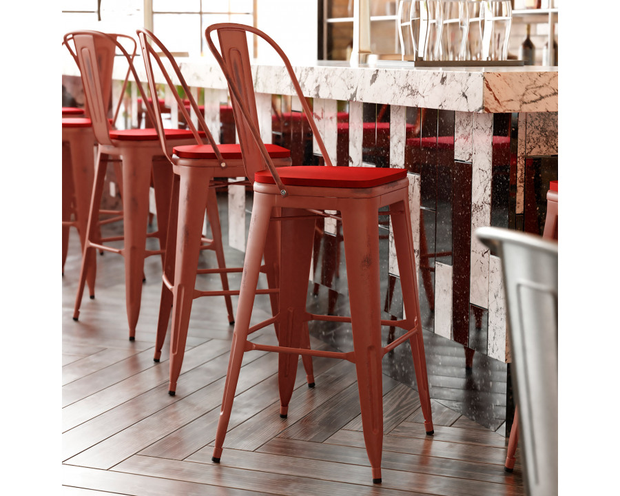 BLNK Carly Commercial Metal Indoor-Outdoor Bar Stool with Back with Poly Resin Wood Seat - Kelly Red/Red