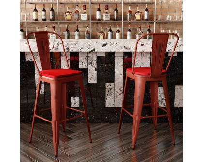 BLNK Carly Commercial Metal Indoor-Outdoor Bar Stool with Back with Poly Resin Wood Seat - Kelly Red/Red