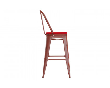 BLNK Carly Commercial Metal Indoor-Outdoor Bar Stool with Back with Poly Resin Wood Seat - Kelly Red/Red