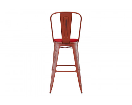 BLNK Carly Commercial Metal Indoor-Outdoor Bar Stool with Back with Poly Resin Wood Seat - Kelly Red/Red