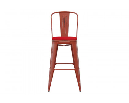 BLNK Carly Commercial Metal Indoor-Outdoor Bar Stool with Back with Poly Resin Wood Seat - Kelly Red/Red