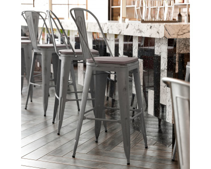 BLNK Carly Commercial Metal Indoor-Outdoor Bar Stool with Back with Poly Resin Wood Seat