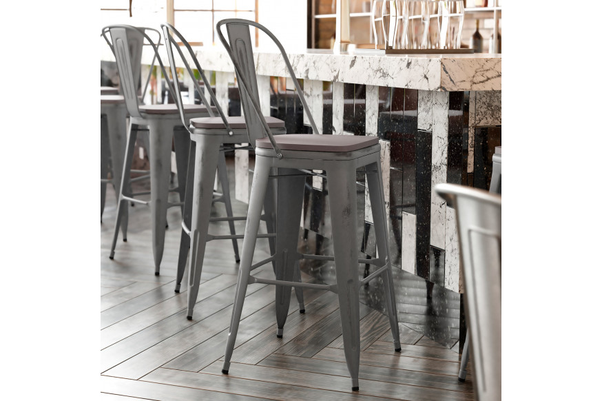 BLNK™ Carly Commercial Metal Indoor-Outdoor Bar Stool with Back with Poly Resin Wood Seat - Silver Gray/Gray