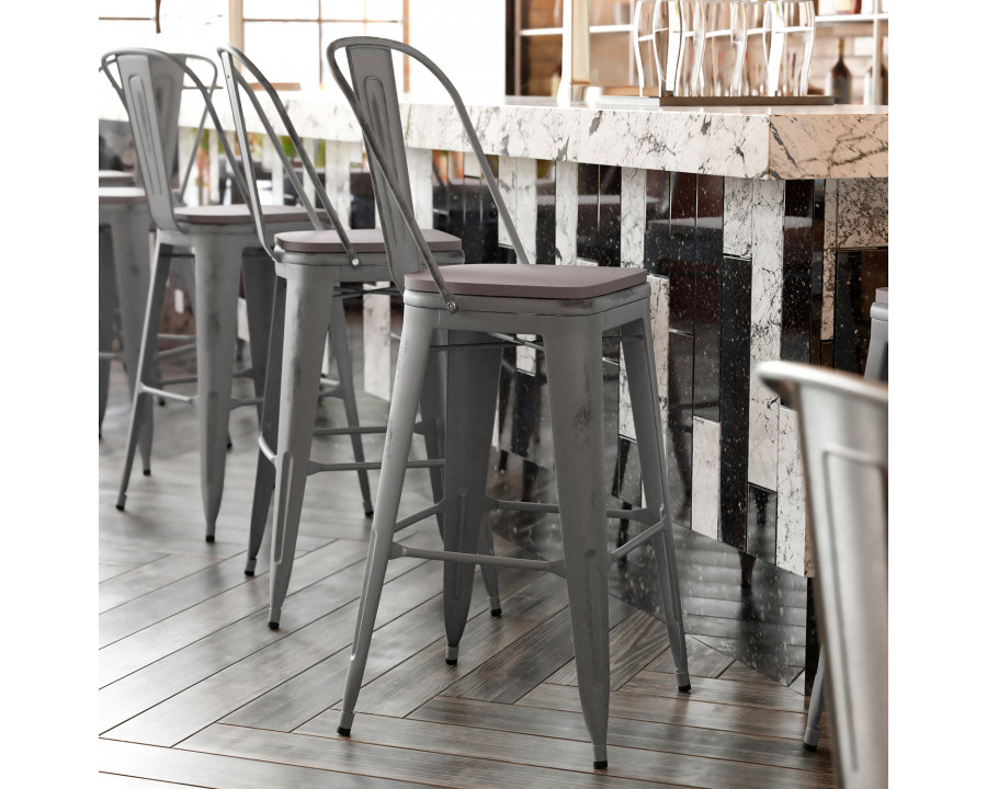 BLNK Carly Commercial Metal Indoor-Outdoor Bar Stool with Back with Poly Resin Wood Seat - Silver Gray/Gray