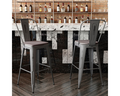 BLNK™ Carly Commercial Metal Indoor-Outdoor Bar Stool with Back with Poly Resin Wood Seat - Silver Gray/Gray