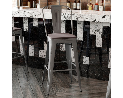 BLNK™ Carly Commercial Metal Indoor-Outdoor Bar Stool with Back with Poly Resin Wood Seat - Silver Gray/Gray