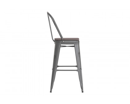 BLNK™ Carly Commercial Metal Indoor-Outdoor Bar Stool with Back with Poly Resin Wood Seat - Silver Gray/Gray