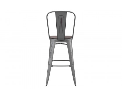 BLNK™ Carly Commercial Metal Indoor-Outdoor Bar Stool with Back with Poly Resin Wood Seat - Silver Gray/Gray