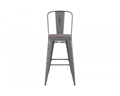 BLNK™ Carly Commercial Metal Indoor-Outdoor Bar Stool with Back with Poly Resin Wood Seat - Silver Gray/Gray