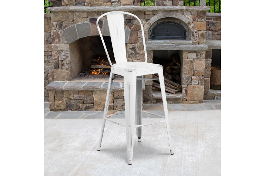 BLNK™ Cindy Commercial Metal Distressed Indoor-Outdoor Bar Stool with Back - White