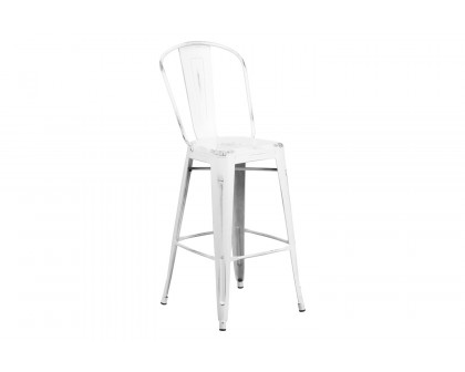 BLNK™ Cindy Commercial Metal Distressed Indoor-Outdoor Bar Stool with Back - White