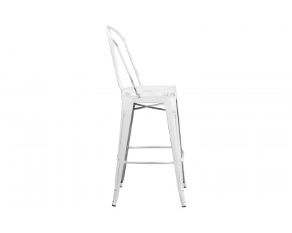 BLNK™ Cindy Commercial Metal Distressed Indoor-Outdoor Bar Stool with Back - White