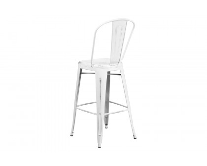 BLNK™ Cindy Commercial Metal Distressed Indoor-Outdoor Bar Stool with Back - White